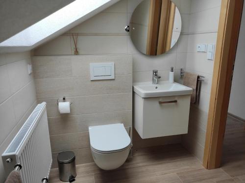 a small bathroom with a toilet and a sink at Ubytování V Hoře u Telče - Mrákotín in Mrákotín
