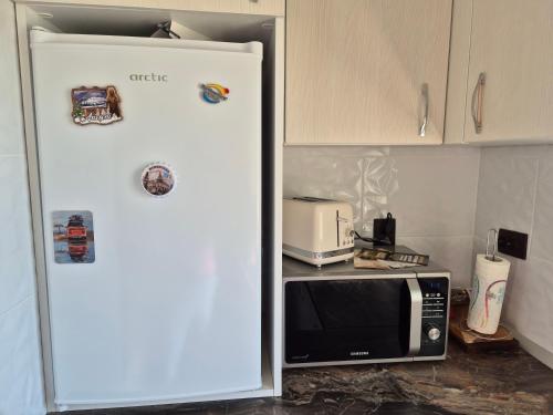 a white refrigerator in a kitchen with a microwave at Casa Denis la 50m de Castel! in Hunedoara