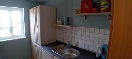 a small kitchen with a sink and a window at Ferienwohnung in der Jeeßjass in Bleialf