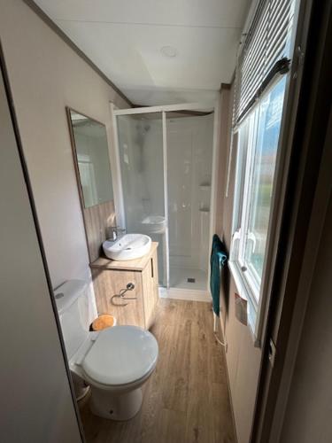 a small bathroom with a toilet and a sink at mobil home climatisé in Grimaud