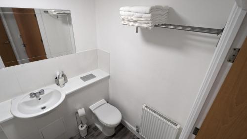 GreenhitheにあるRiverside Stay Near London Great Valueの洗面台、トイレ、鏡のあるバスルーム