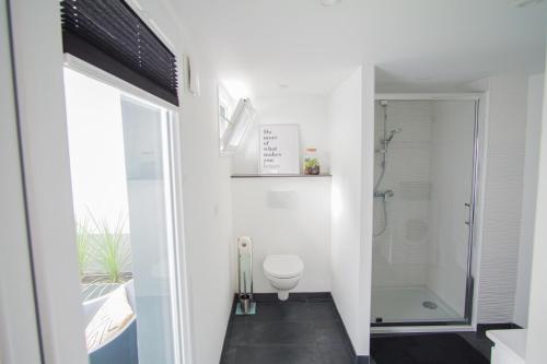 La salle de bains est pourvue de toilettes et d'une douche à l'italienne. dans l'établissement -PICCO ROSSO- Studio avec terrasse- Concarneau, à Concarneau