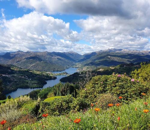 a view of a river from a hill with flowers at Azor International Apartment II in Ponta Delgada