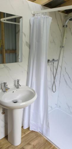 a bathroom with a white shower curtain and a sink at The Megabus near Tavistock and Dartmoor. in Lamerton