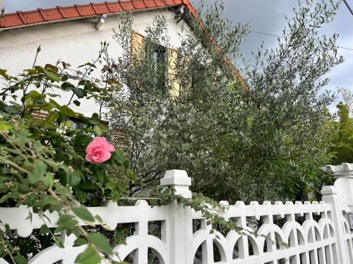 uma rosa rosa em cima de uma cerca branca em Chambre d'hôte - Gabriel em Saint-Maur-des-Fossés
