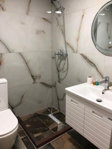 a bathroom with a toilet and a sink at Stone Pazar Guest House in Gjirokastër