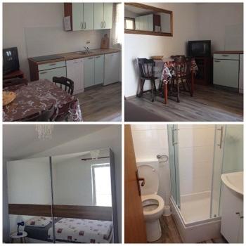 four pictures of a kitchen and a bathroom at Apartment 2 (+1) in Ljubač