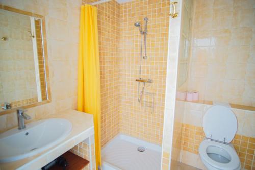 une salle de bain avec une douche, des toilettes et un lavabo dans l'établissement -TE MOANA- Beau T2 Bis surplombant la mer avec parking, à Concarneau