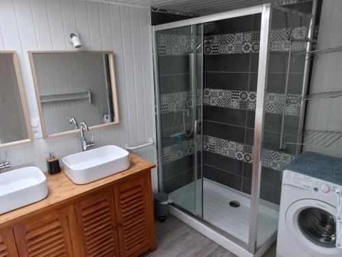 a bathroom with a shower and a sink and a washing machine at Agréable maison de ville au coeur de Chinon in Chinon