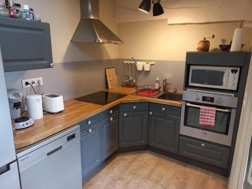 La cuisine est équipée de placards bleus, d'un évier et d'un four micro-ondes. dans l'établissement Agréable maison de ville au coeur de Chinon, à Chinon