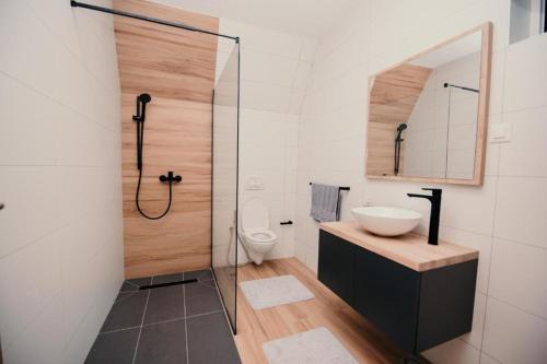 a bathroom with a toilet and a sink and a shower at Vila Hasandić in Visoko
