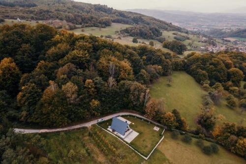 an aerial view of a house in the middle of a forest at Vila Hasandić in Visoko