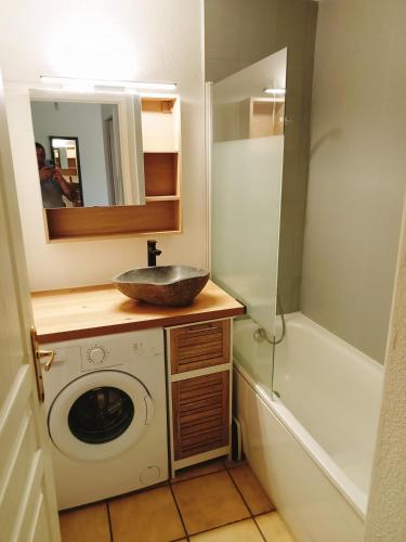 une salle de bain avec un lavabo et une machine à laver dans l'établissement T2 en rez de jardin, à Canet