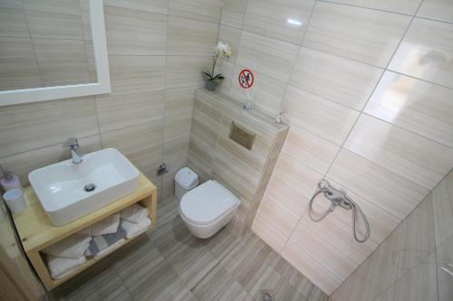a small bathroom with a sink and a toilet at Nefeli's Apartment in Himare
