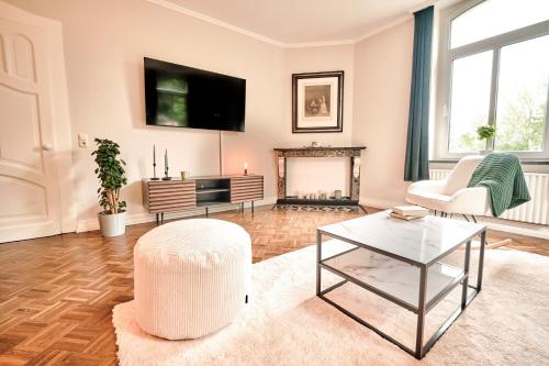 シュトルベルクにあるExklusives Altbauapartment - zentral und ruhigの暖炉とテレビのあるリビングルーム