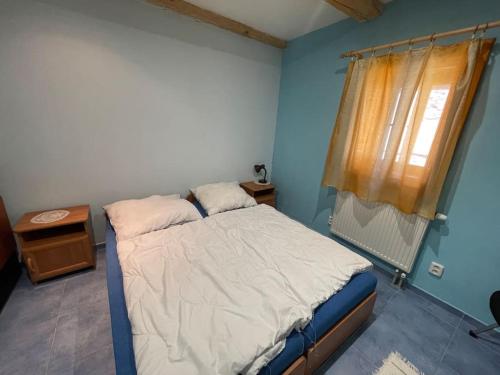 Un dormitorio con una cama en una habitación con ventana. en Chata EVA v krásnej dedinke, en Závadka nad Hronom