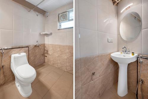 two pictures of a bathroom with a toilet and a sink at Hotel Classio Koramagala in Bengaluru
