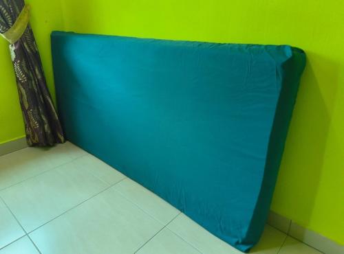 a blue couch sitting against a green wall at IRDINA HOMESTAY forMuslims - Changlun in Changlun