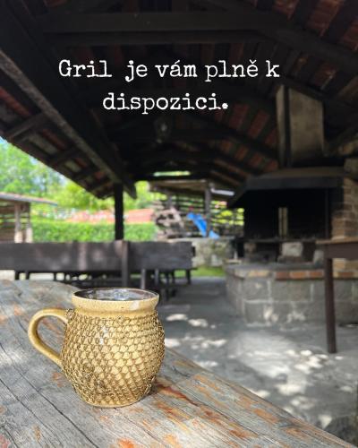 a coffee cup sitting on a wooden table at Pension Jana Hrubá Skála in Hrubá Skála
