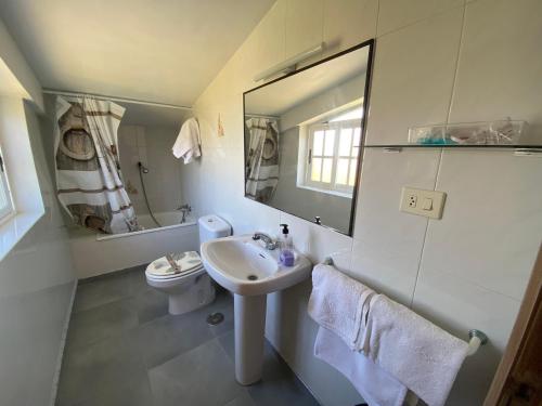 a bathroom with a sink and a toilet and a mirror at Apartamentos Blanco Y Negro in A Guarda