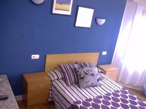 a bedroom with blue walls and a bed with pillows at Pensión Gema in Irún