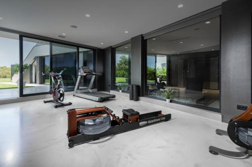 a gym with a treadmill and a bike in a room at Villa Lucy Banjole for 12 people near Medulin with heated indoor pool & spa just 400 meters from the beach in Banjole