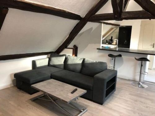 un salon avec un canapé noir et une table dans l'établissement La Maison Gauloise - Asterix CDG Paris, à La Chapelle-en-Serval