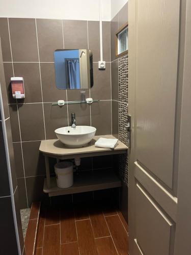 a bathroom with a sink and a mirror at Hôtel Les Embruns Du Baril in Basse Vallée