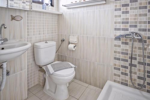 a bathroom with a toilet and a sink and a shower at Brunis Apartments in Nei Poroi
