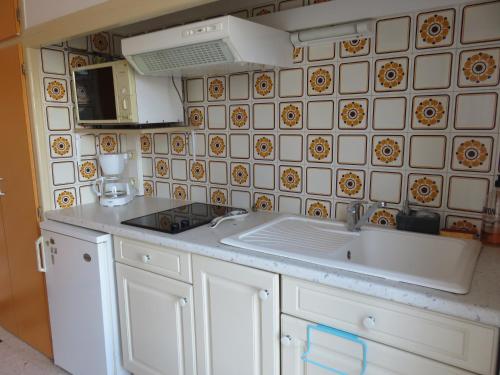 une cuisine avec un évier et un micro-ondes dans l'établissement Le Géranium, à Port-la-Nouvelle