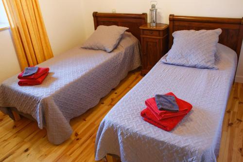 a bedroom with two beds with towels on them at Gîte de Genebret in Bessamorel