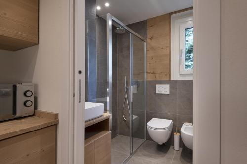 Un baño con inodoro y ducha de cristal. en Bijoux Sozzine, en Ponte di Legno