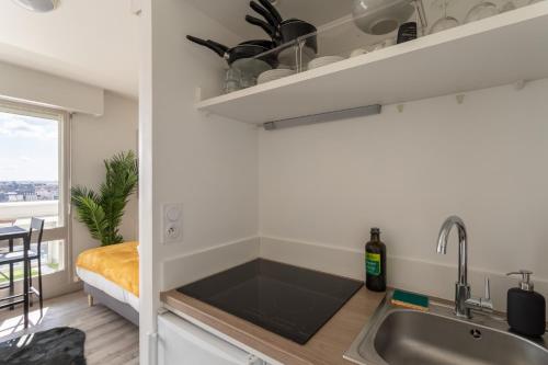 une cuisine avec un évier et un plan de travail dans l'établissement Le Studio de l'Ange - Vue imprenable, à Rennes