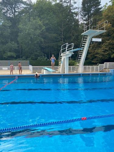 une grande piscine avec des gens dans l'eau dans l'établissement Eco Gîte 12 pers La Charmante des Vallons avec SPA, à Saint-Mars-la-Jaille