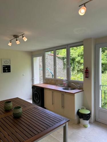 - une cuisine avec une table, un évier et des fenêtres dans l'établissement repos en forêt, à Huelgoat