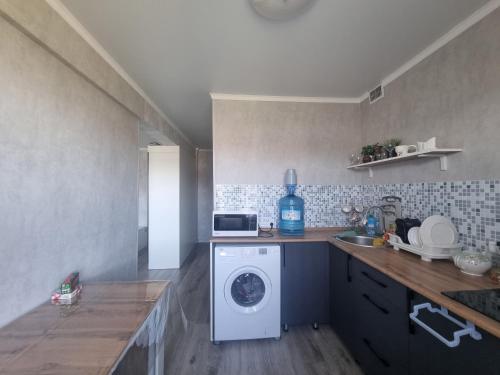 eine Küche mit einer Waschmaschine auf der Theke in der Unterkunft 1 комнатная квартира со всеми удобствами in Balqasch