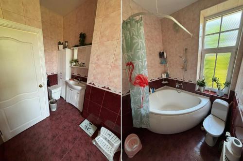 two pictures of a bathroom with a tub and a toilet at Peaceful summer house - Sunshine in Jūrmala