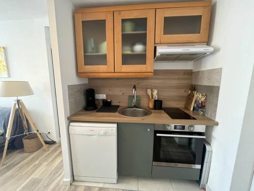 une petite cuisine avec un évier et une cuisinière dans l'établissement Charmant T2 à 100m de la plage avec terrasse, parking privé et animaux admis - FR-1-324A-62, à Saint-Hilaire-de-Riez