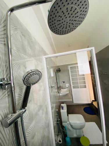 a bathroom with a shower with a toilet and a sink at Airport Faith Hotel in Katunayake