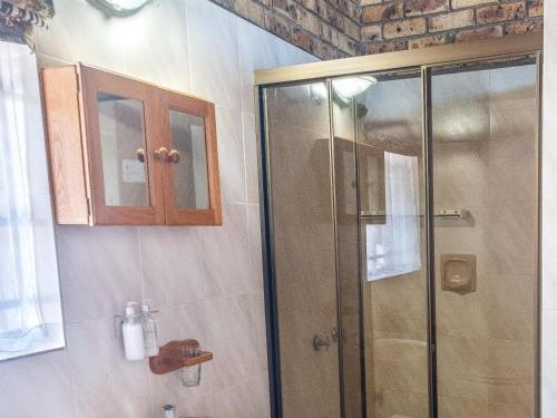 a bathroom with a shower with a glass door at Zaganaga Kruger Lodge in Marloth Park