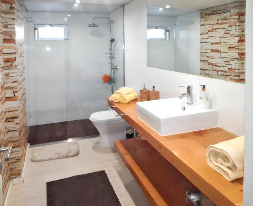 uma casa de banho com um lavatório, um WC e um chuveiro em 2 bedrooms house with shared pool enclosed garden and wifi at Requiao em Requião