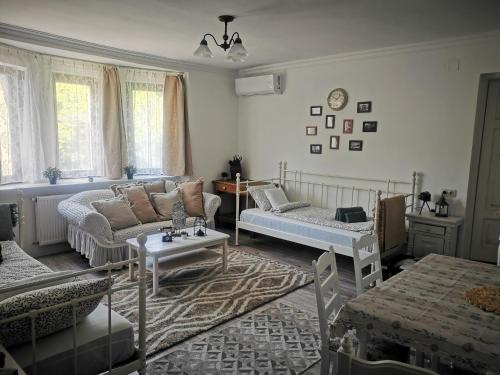 ein Wohnzimmer mit einem Sofa und einem Tisch in der Unterkunft Kúria Apartman Budapest with free parking in Budapest