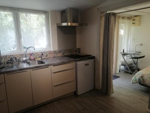 une petite cuisine avec un évier et une fenêtre dans l'établissement Charmant studio avec jardin, à Toulouse