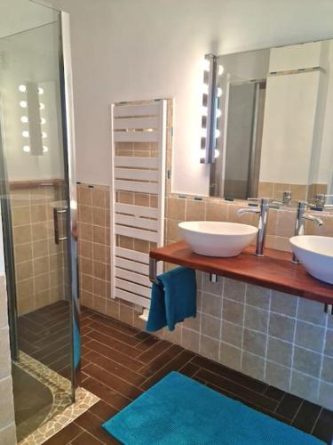 une salle de bain avec deux lavabos et une douche dans l'établissement LES SABLETTES LES PIEDS dans L'EAU, à La Seyne-sur-Mer