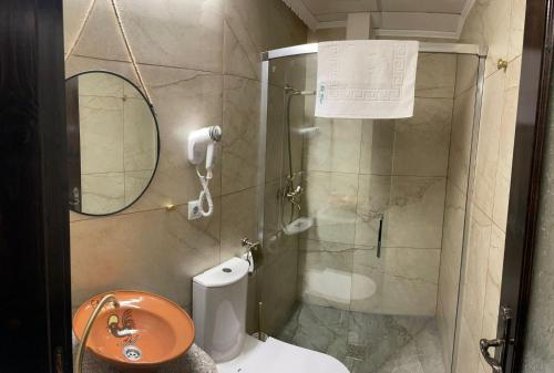 a bathroom with a shower and a toilet and a sink at Pensiunea El Ryo 1 in Călimăneşti