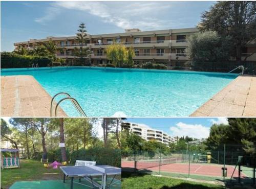 une grande piscine devant un immeuble dans l'établissement Studio piscine climatisation tennis, à Nice