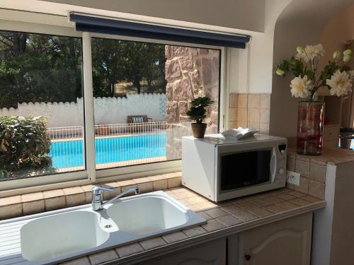 un four micro-ondes assis sur un comptoir à côté d'un évier dans l'établissement La Ventourinado Villa 12 personnes Piscine chauffée, à Sainte-Maxime