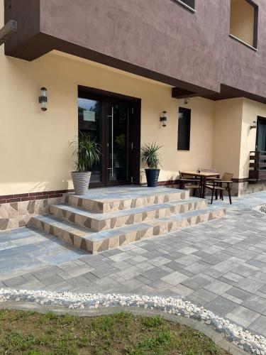 a patio with stairs in front of a building at Pensiunea El Ryo 1 in Călimăneşti