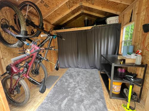 a bike hanging on a wall in a room at Lakeview Haven in Bellingham