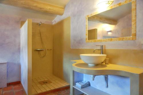 bagno con lavandino e specchio di Maison de 4 chambres avec piscine partagee jacuzzi et jardin amenage a Simaine La Rotonde a Simiane-la-Rotonde